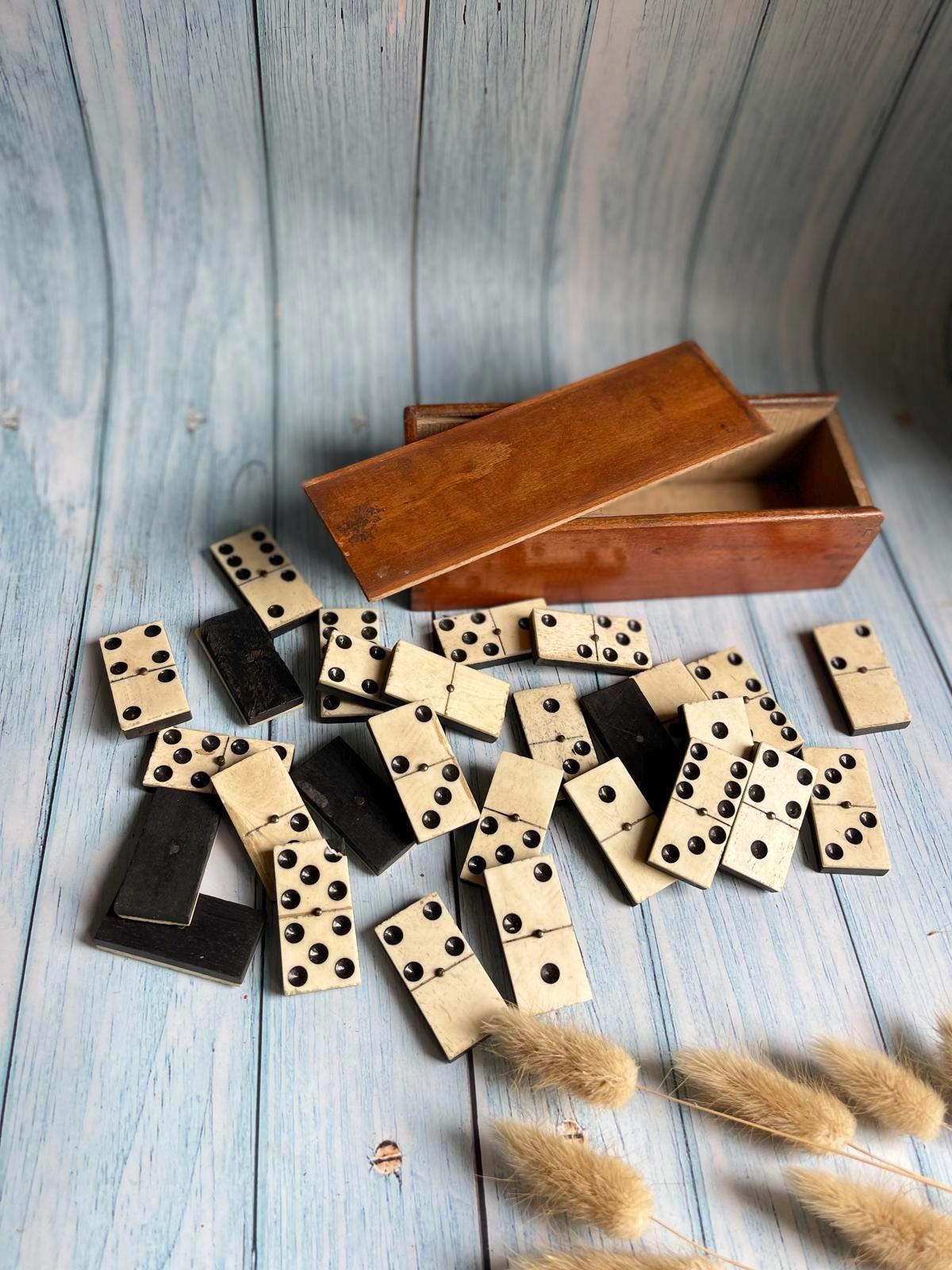 Antique French Bone & Ebony Dominoes – Set of 28 with Brass Pegs – Original Wooden Box