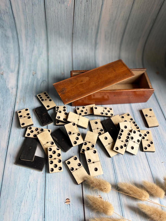 Antique French Bone & Ebony Dominoes – Set of 28 with Brass Pegs – Original Wooden Box