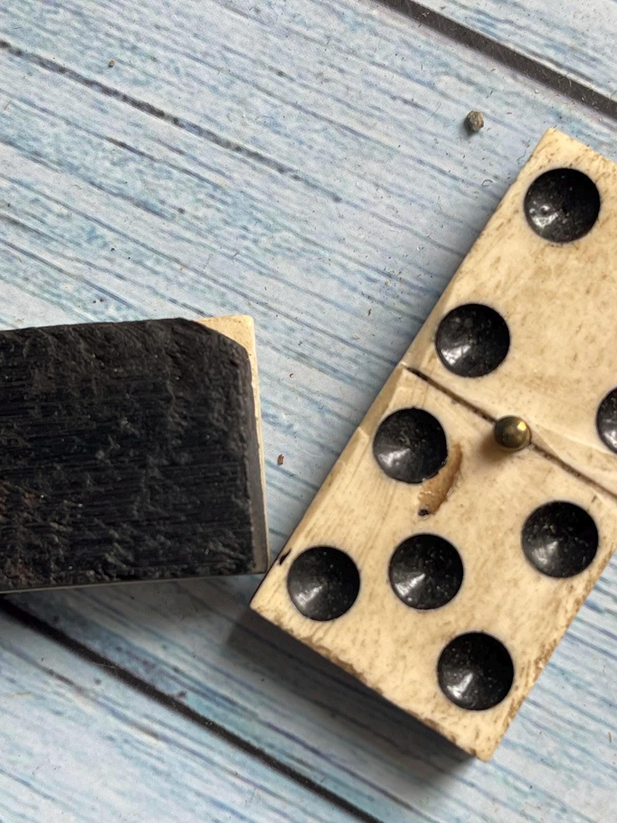 Antique French Bone & Ebony Dominoes – Set of 28 with Brass Pegs – Original Wooden Box