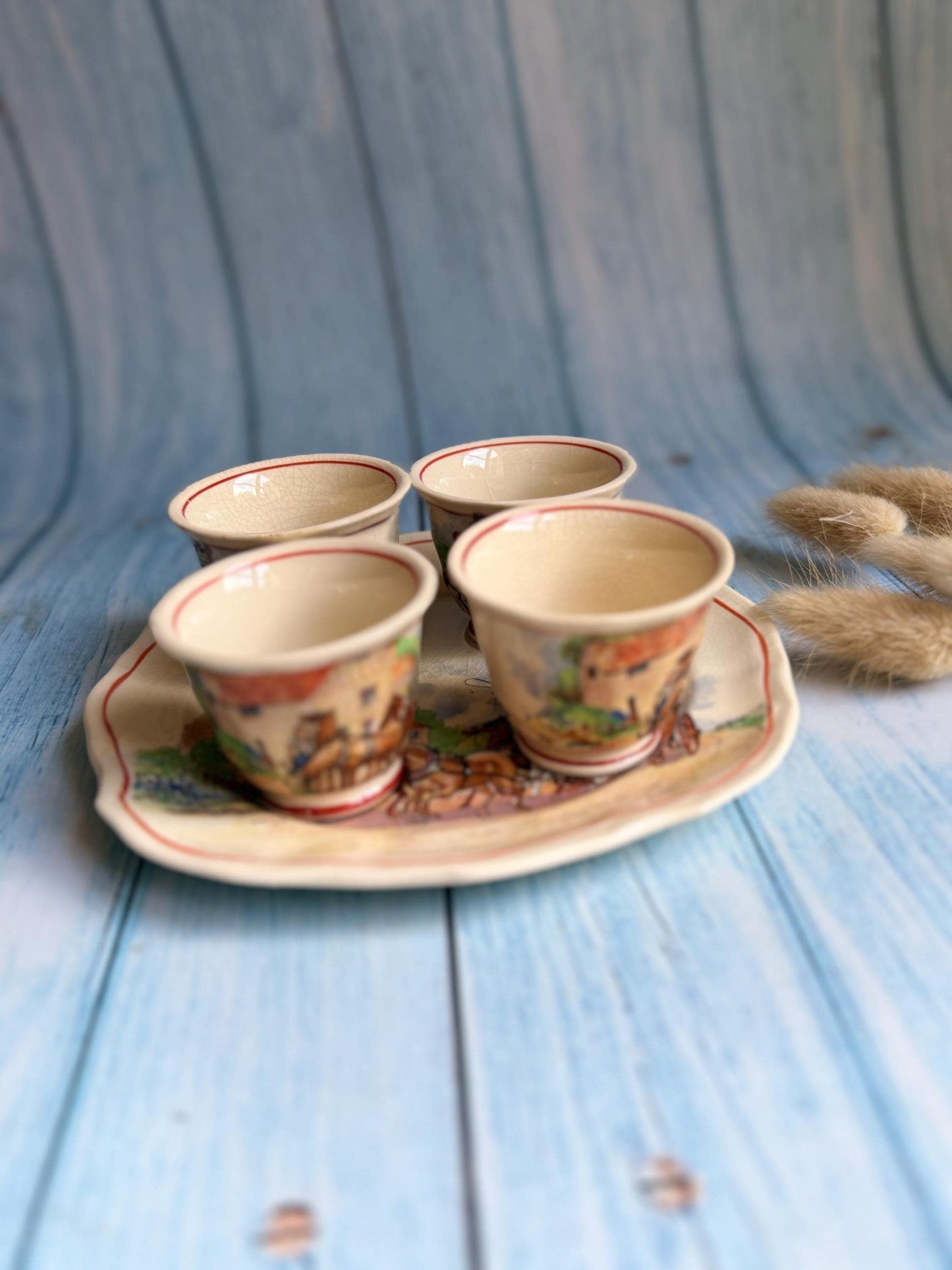 Swinnertons Coaching Days Egg Cup Set: English Staffordshire Hampton Ivory, 1930s