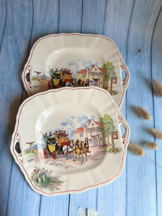 Vintage Swinnertons Cake Plates (Pair): English Coaching Days, 1930s