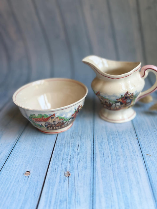 Vintage Swinnertons Sugar Bowl and Creamer Set: Coaching Days English Staffordshire, 1930