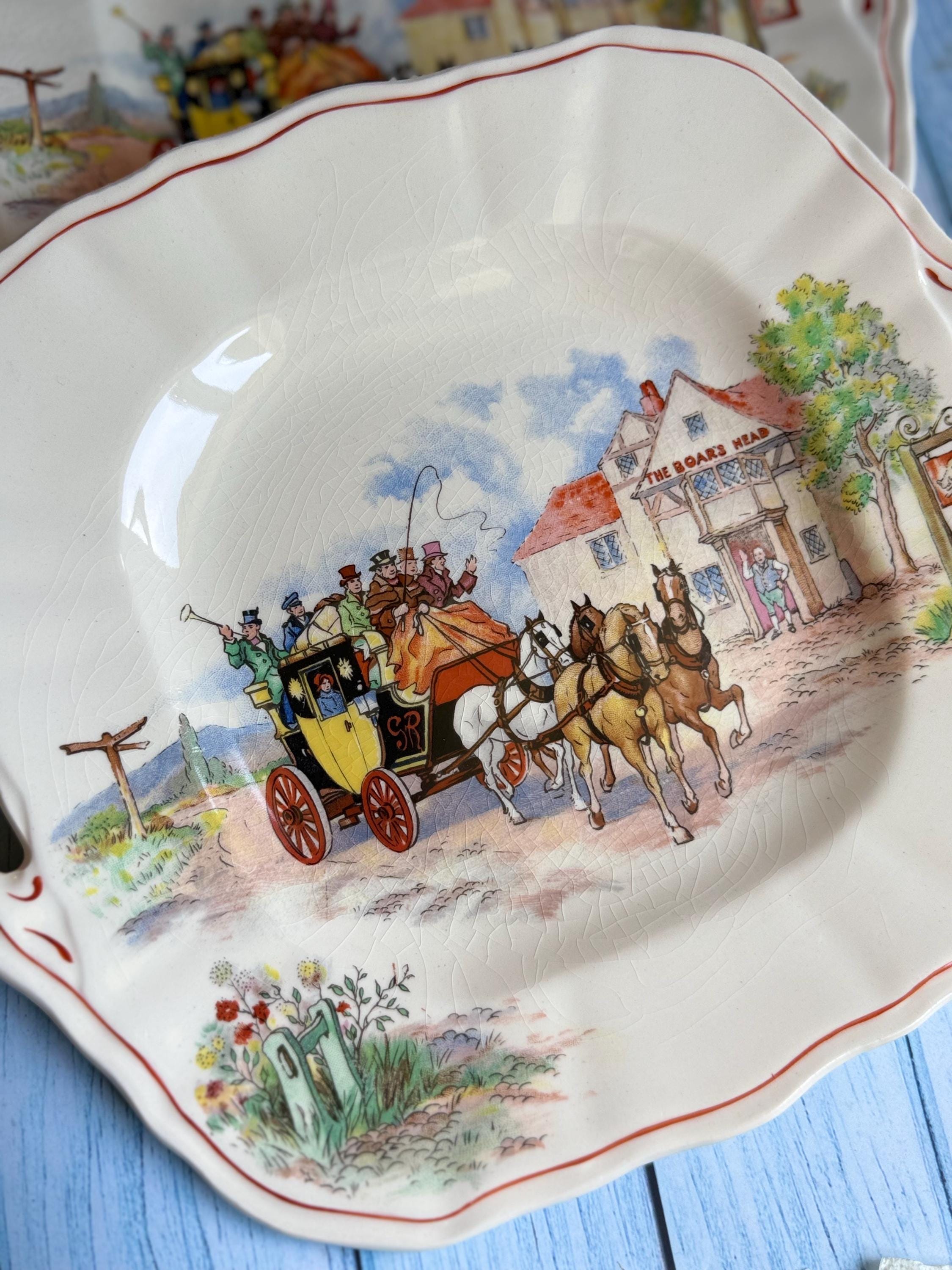 Vintage Swinnertons Cake Plates (Pair): English Coaching Days, 1930s