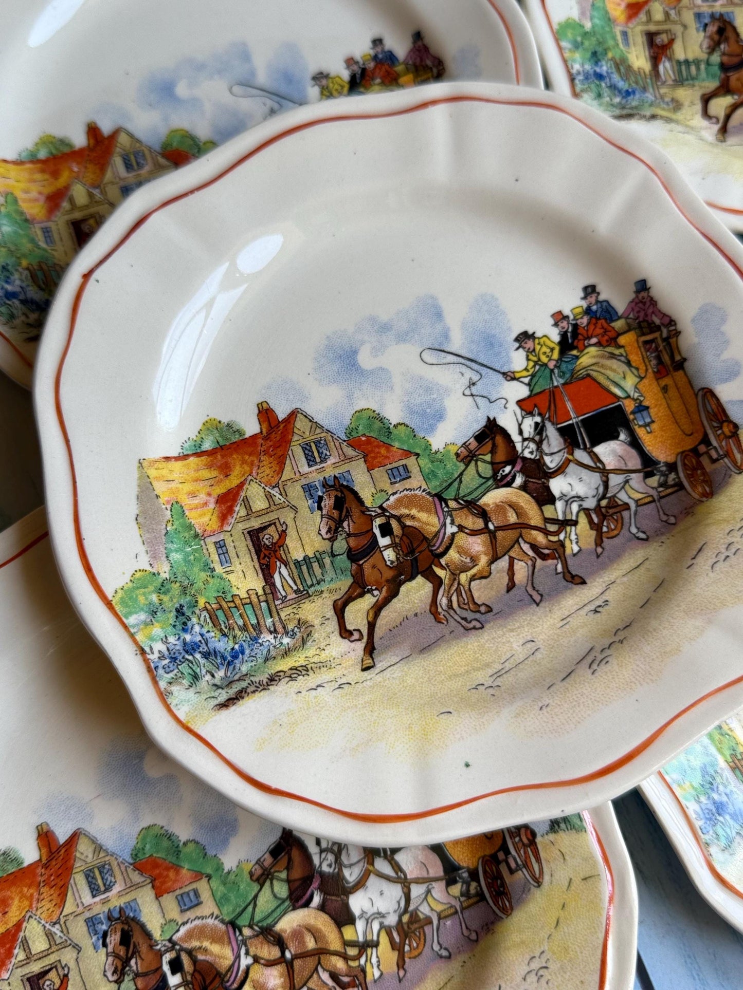 Vintage Swinnertons Cake Plates (Set of 5): English Coaching Days Hampton Ivory