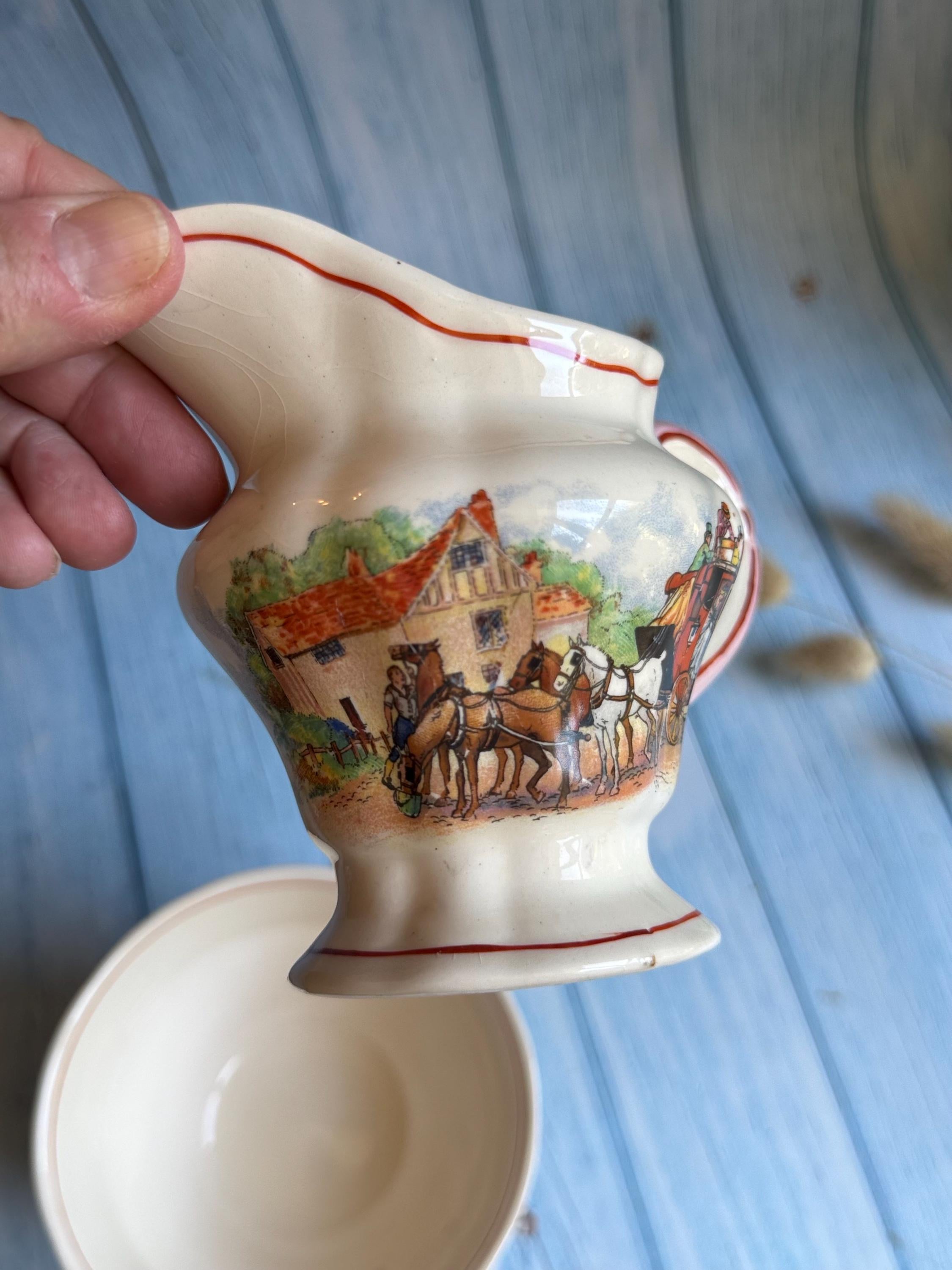 Vintage Swinnertons Sugar Bowl and Creamer Set: Coaching Days English Staffordshire, 1930