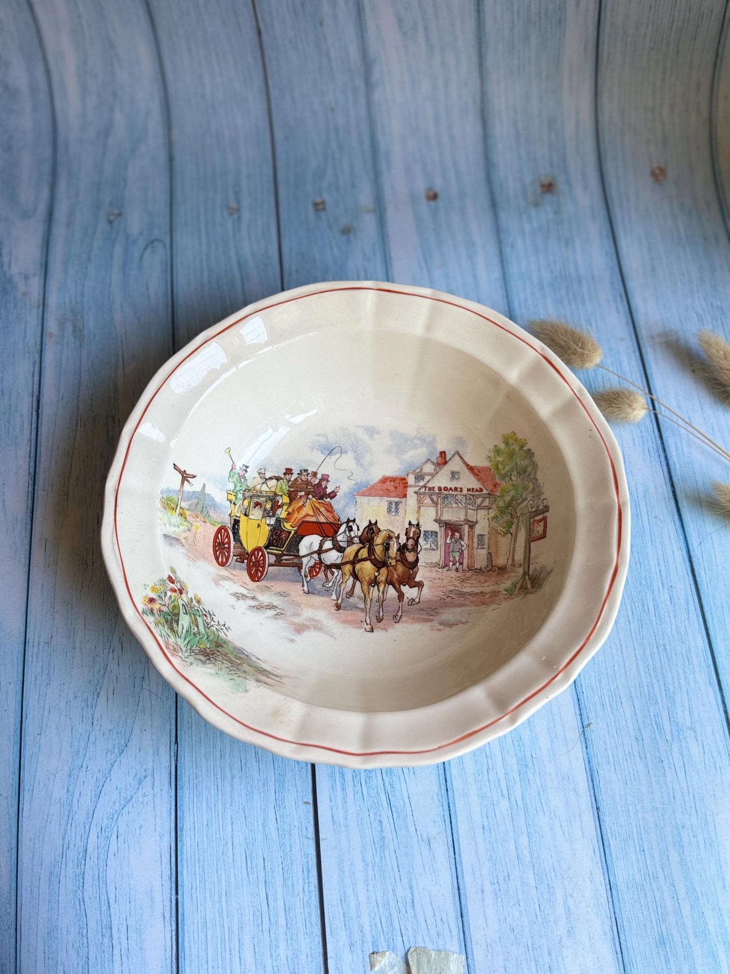 Swinnertons Coaching Days Large Serving Bowl: English Staffordshire Hampton Ivory, 1930s