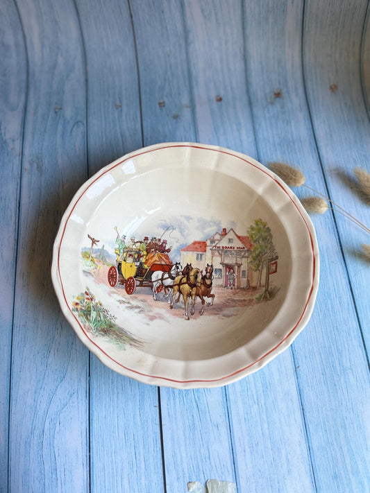 Swinnertons Coaching Days Large Serving Bowl: English Staffordshire Hampton Ivory, 1930s