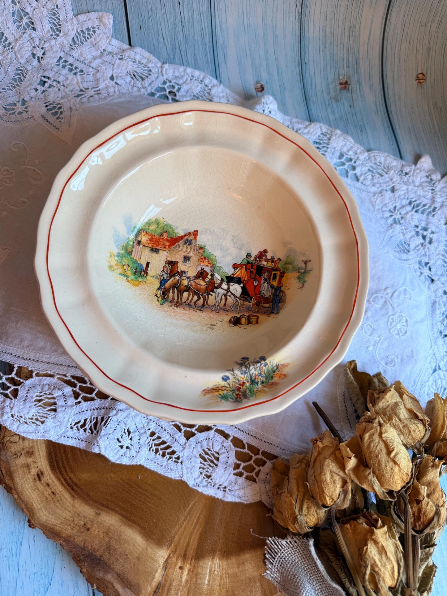 Swinnertons Coaching Days Set of Six Bowls: English Staffordshire Hampton Ivory, 1930