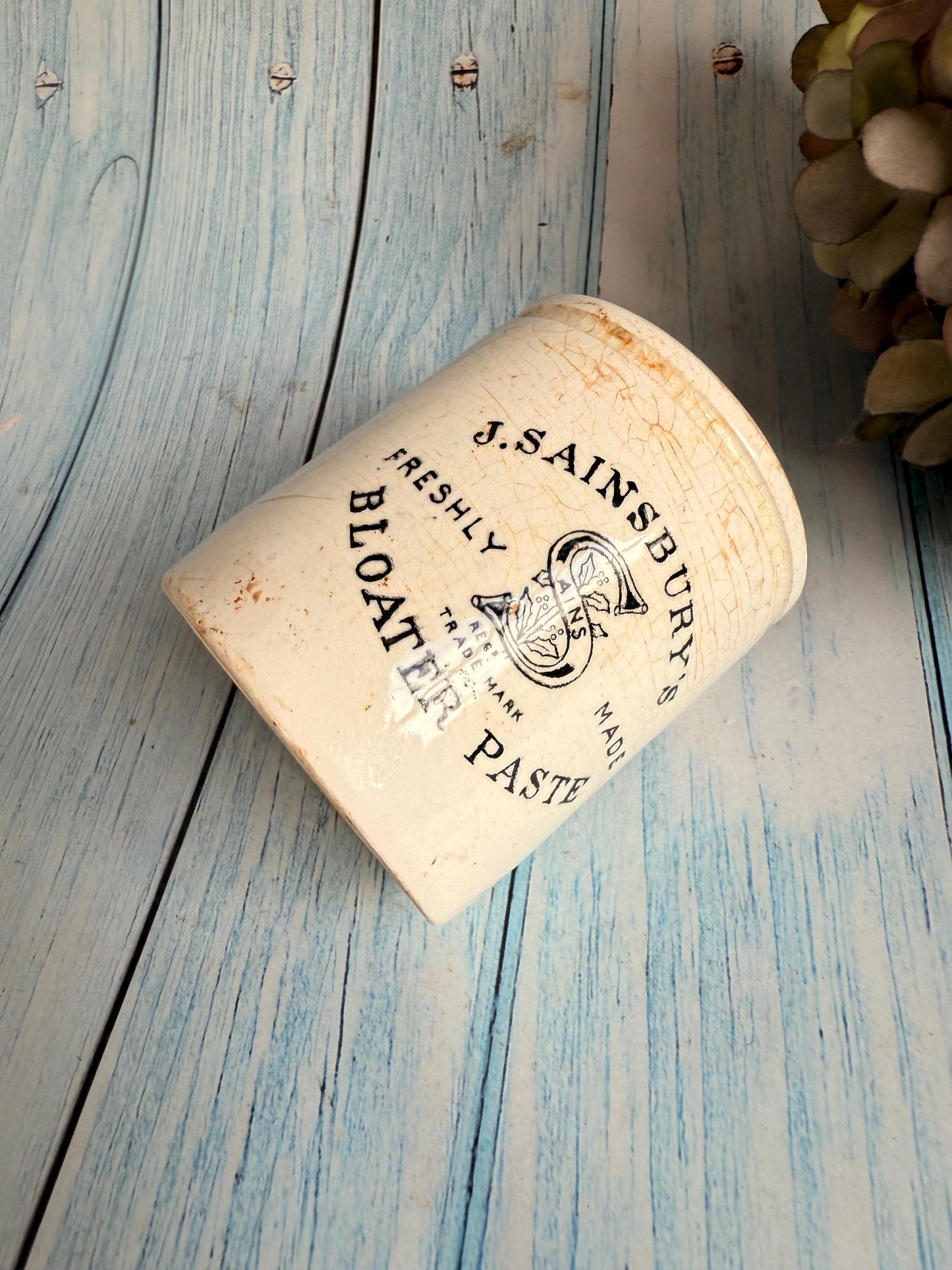 Antique J Sainsburys Ironstone Bloater Paste Pot / Collectible Advertising