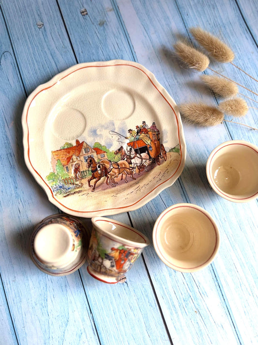 Swinnertons Coaching Days Egg Cup Set: English Staffordshire Hampton Ivory, 1930s