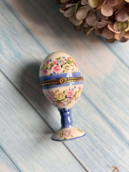 Vintage Hand Painted Egg Shaped Ceramic Trinket or Pill Pot with Hinged Lid on Pedestal Foot