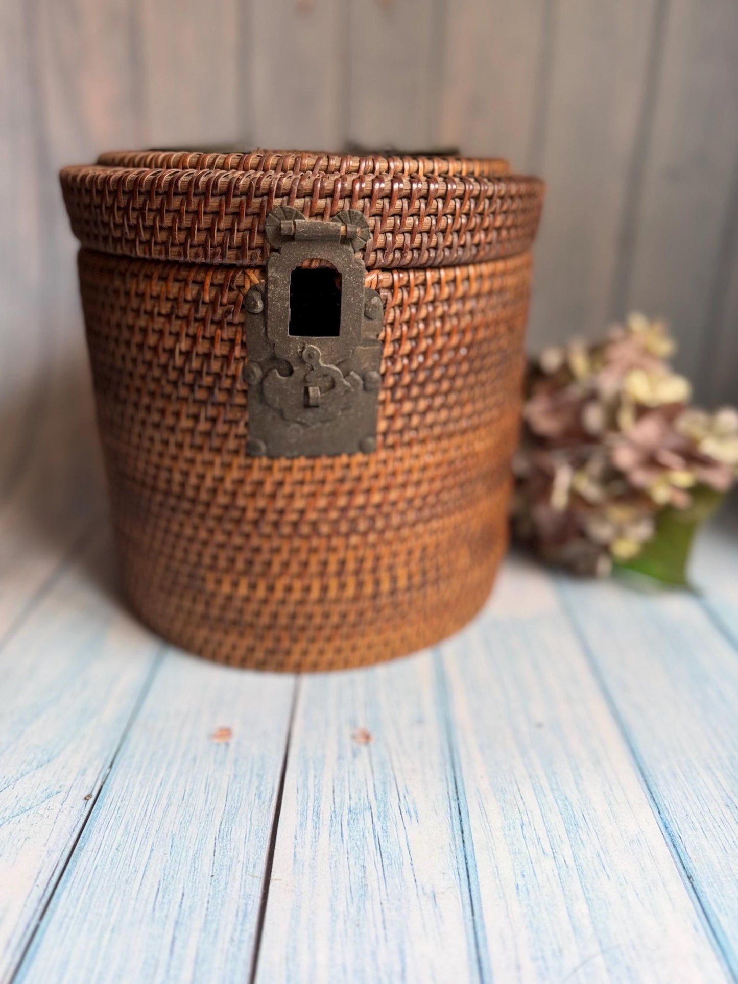 Antique 19th Century Chinese Wicker Reed Teapot Basket with Crafted Metal Lock, Rear Loop Hinges, Top Handles