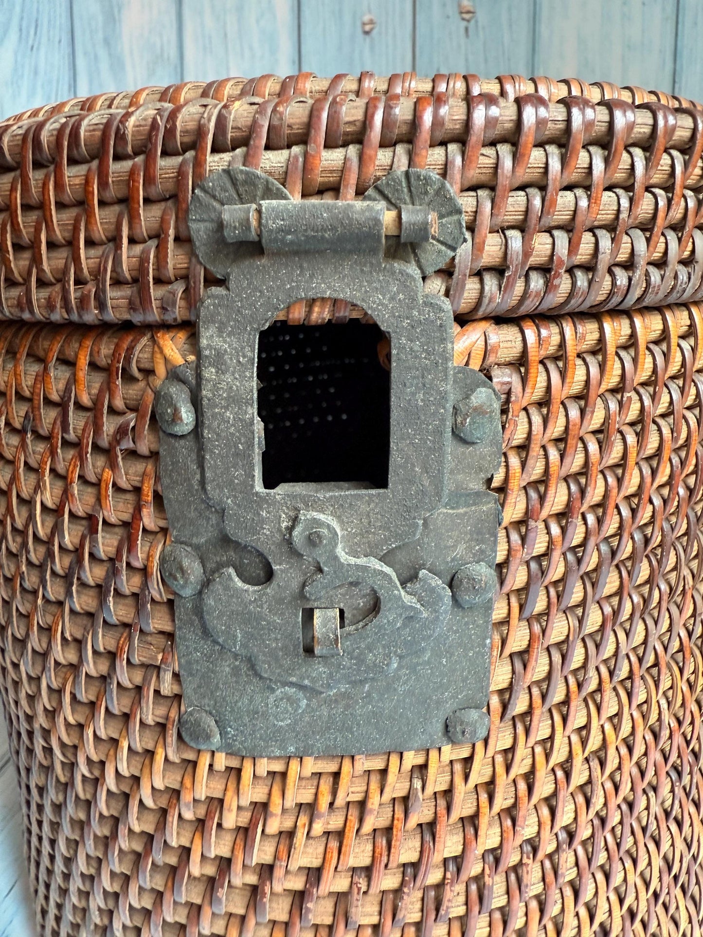 Antique 19th Century Chinese Wicker Reed Teapot Basket with Crafted Metal Lock, Rear Loop Hinges, Top Handles