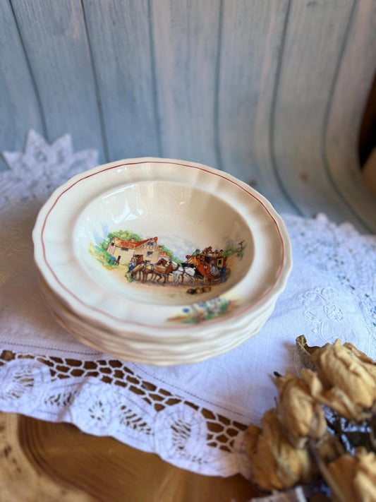 Swinnertons Coaching Days Set of Six Bowls: English Staffordshire Hampton Ivory, 1930