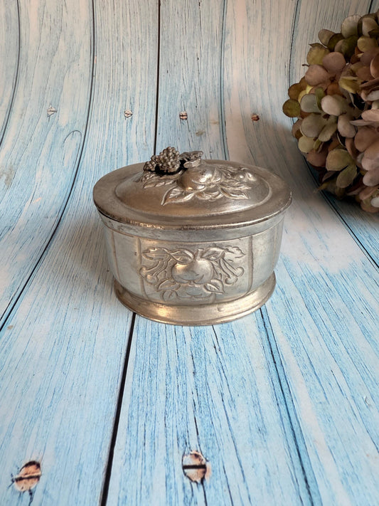 Antique Art Nouveau French Pewter Trinket Lidded Pot with Fruit Detail