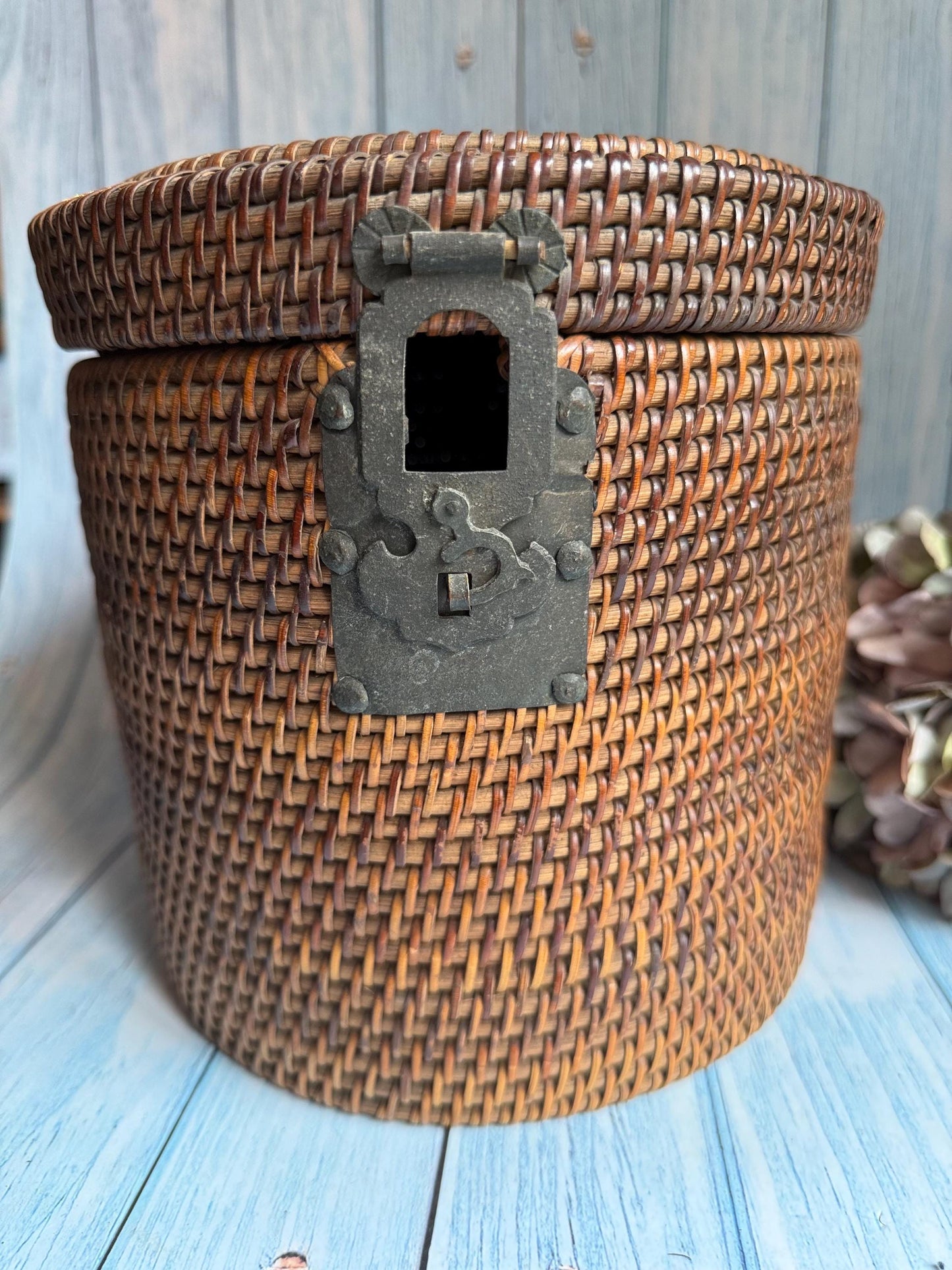 Antique 19th Century Chinese Wicker Reed Teapot Basket with Crafted Metal Lock, Rear Loop Hinges, Top Handles
