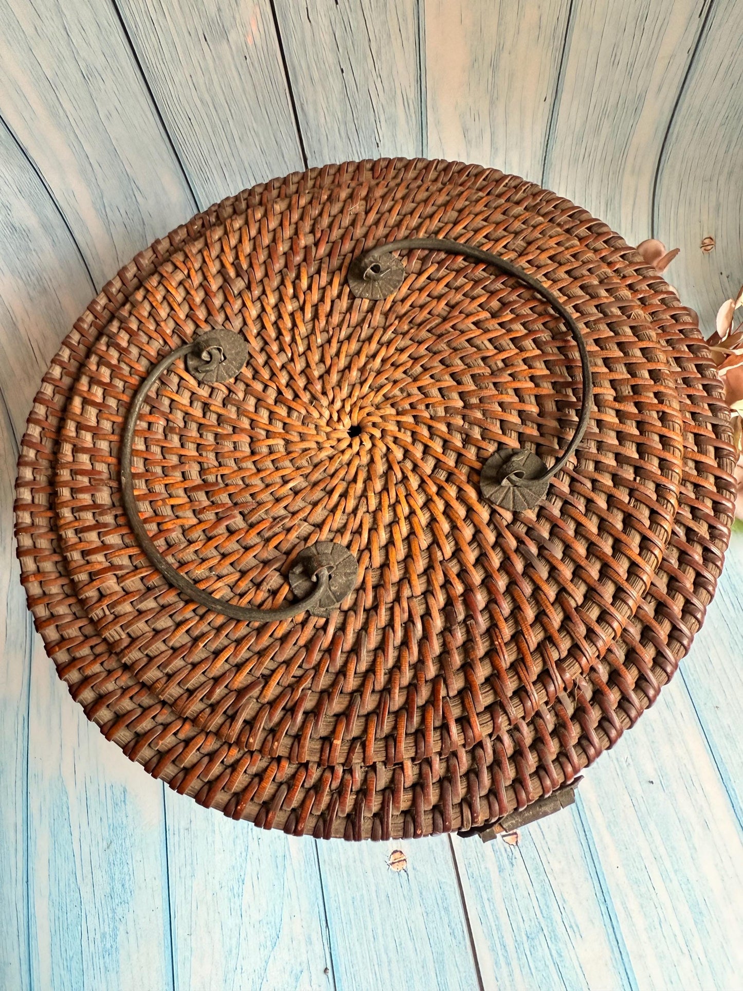 Antique 19th Century Chinese Wicker Reed Teapot Basket with Crafted Metal Lock, Rear Loop Hinges, Top Handles