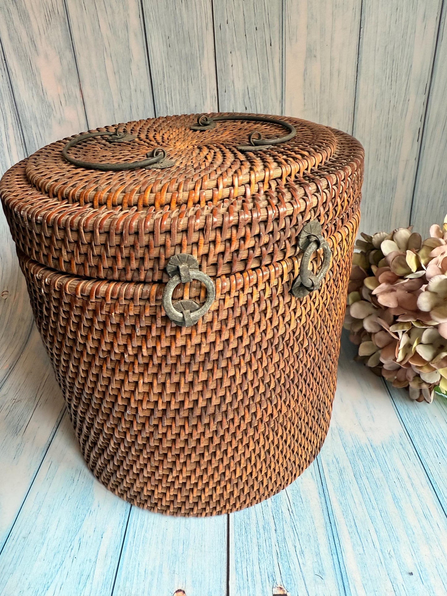 Antique 19th Century Chinese Wicker Reed Teapot Basket with Crafted Metal Lock, Rear Loop Hinges, Top Handles