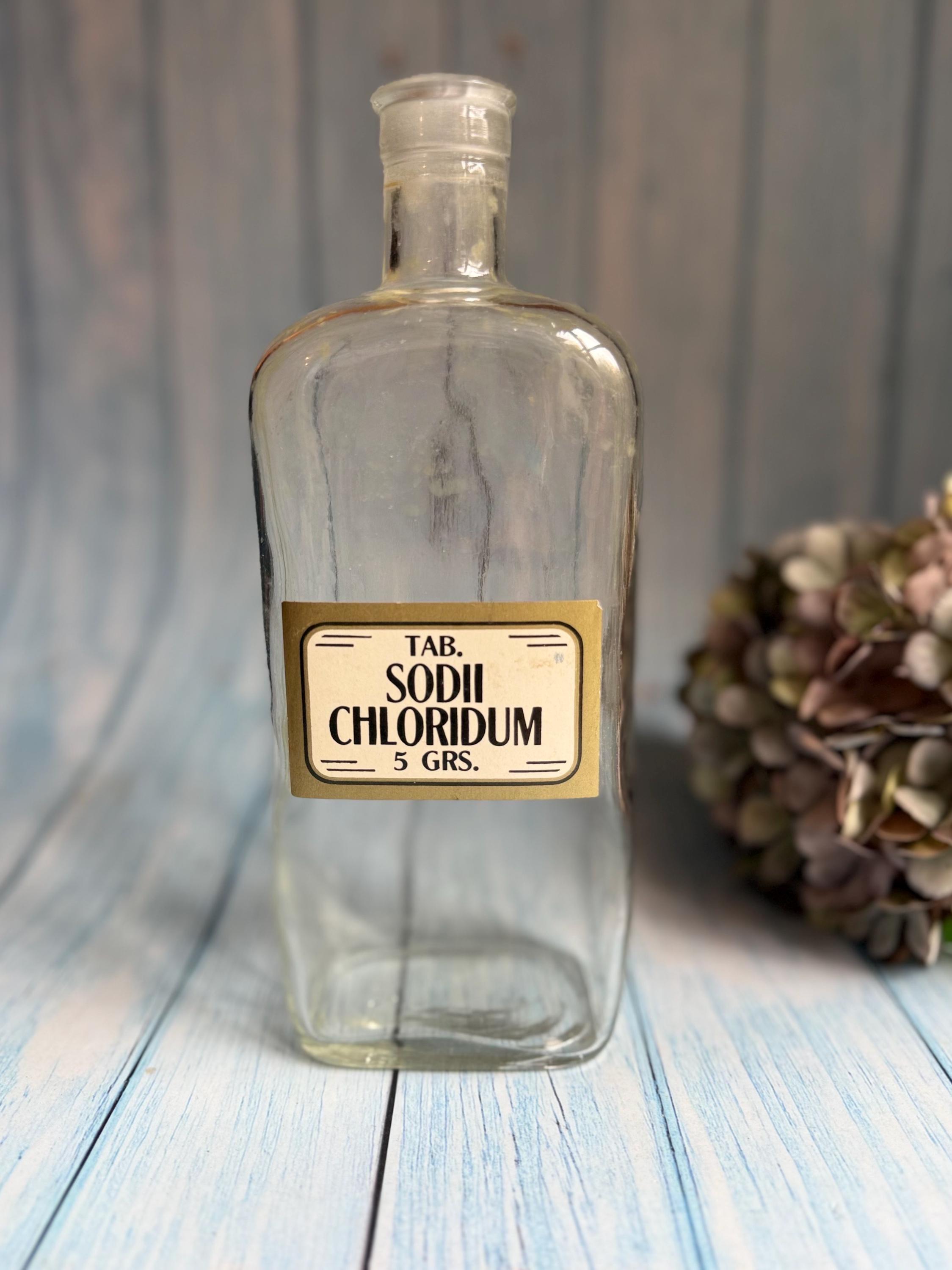 Antique Glass Latin Sodii Chloridum Sodium Chloride Tablet Apothecary Bottle / Collectible Chemist Jar
