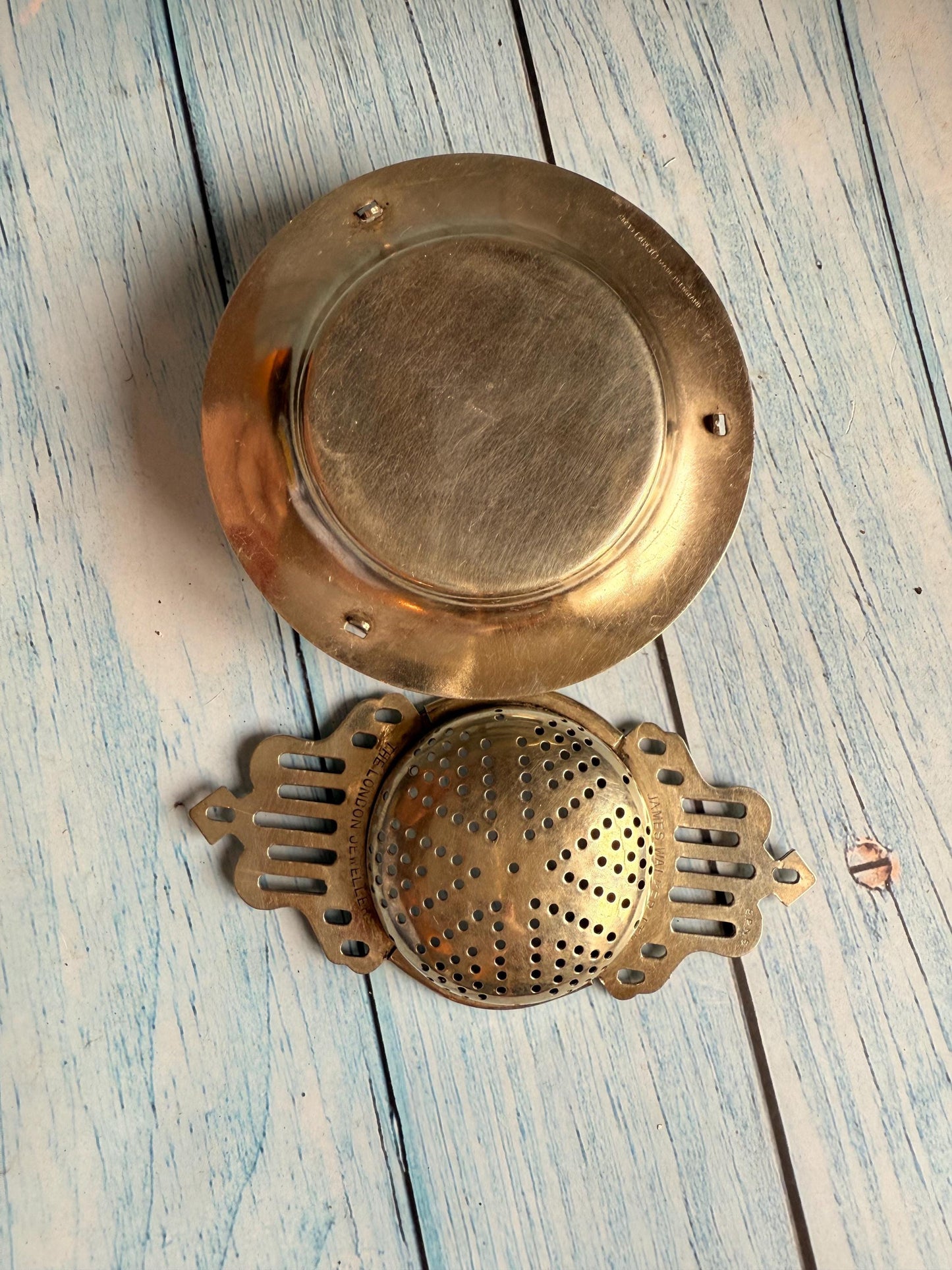 Vintage Silver Plated James Walker London EPNS Tea Strainer with Drip Base – Twin Handles – Pierced Design