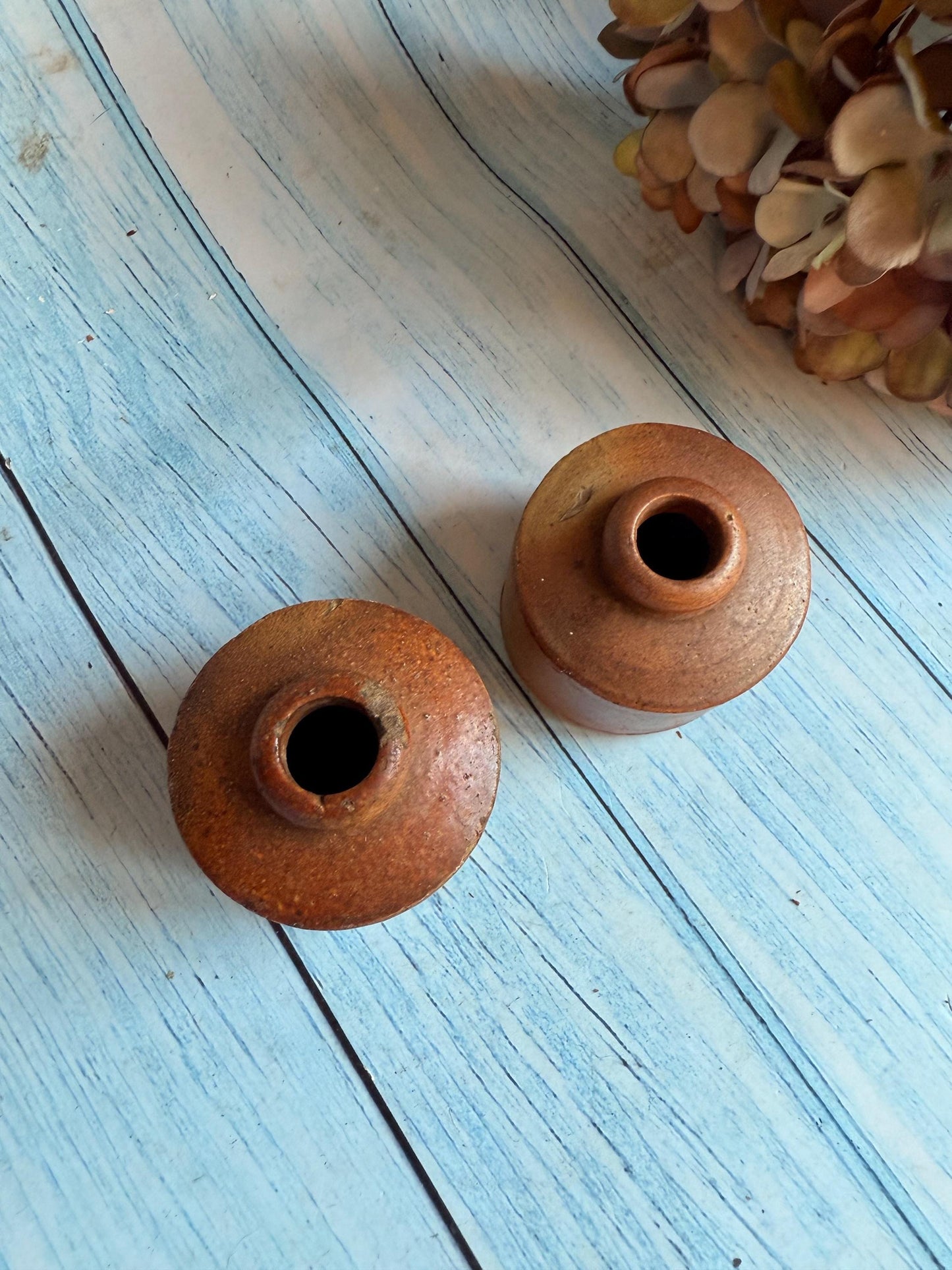 Pair of Antique Stoneware Pork Pie Ink Jars / Pots