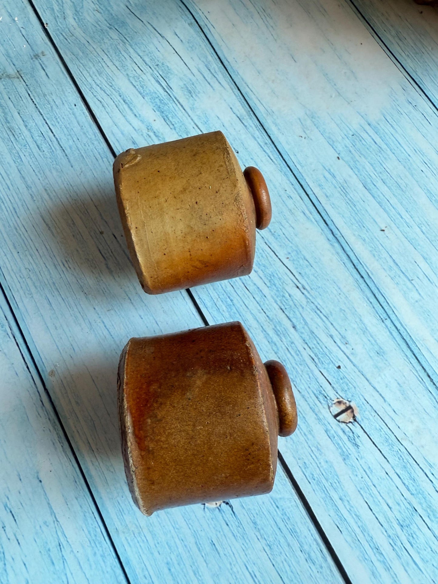 Pair of Antique Stoneware Pork Pie Ink Jars / Pots