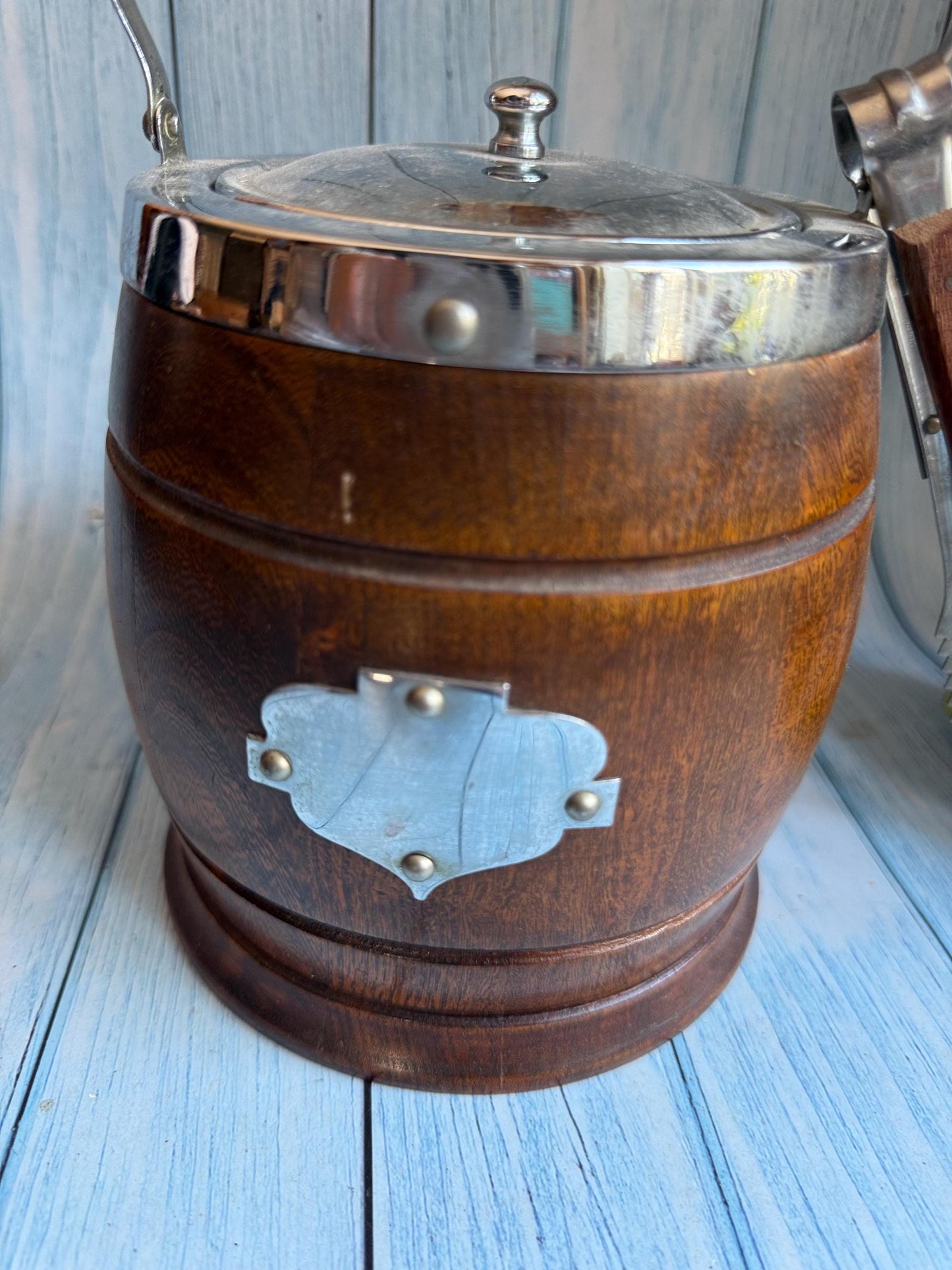 Early/mid Century Oak and Chrome Ice Bucket with Ceramic Insert and Matching Tongs / Biscuit Barrel