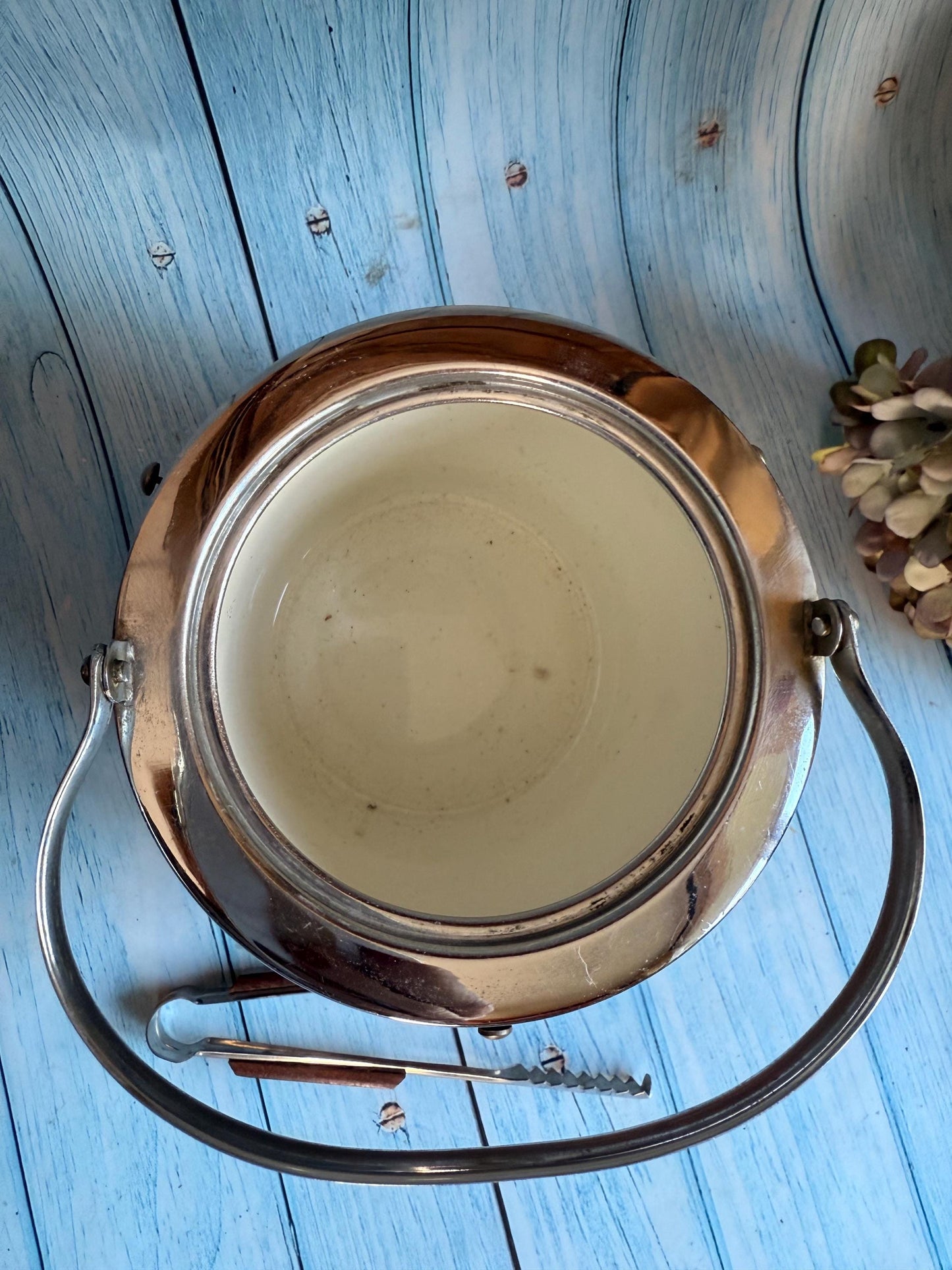 Early/mid Century Oak and Chrome Ice Bucket with Ceramic Insert and Matching Tongs / Biscuit Barrel