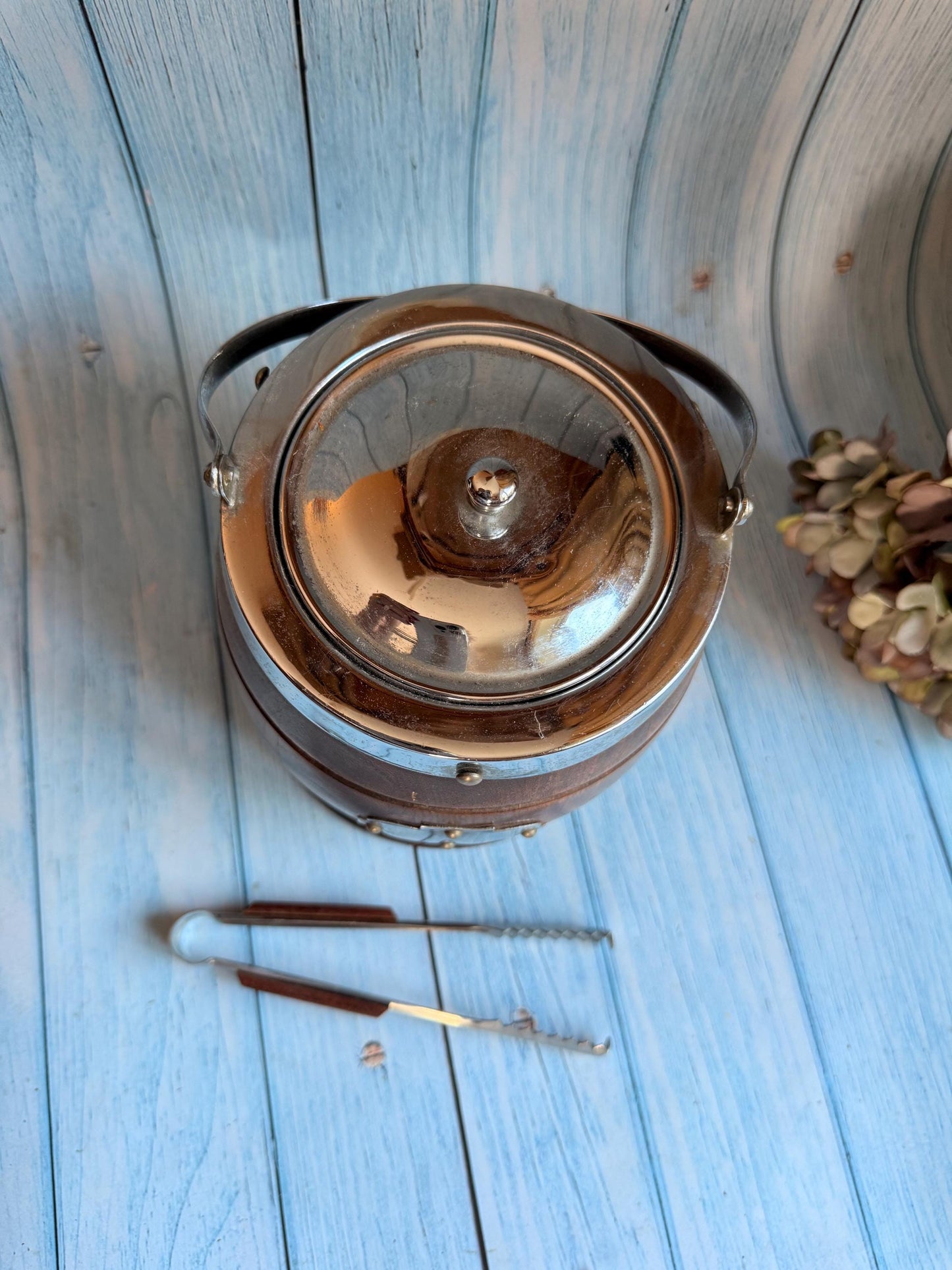 Early/mid Century Oak and Chrome Ice Bucket with Ceramic Insert and Matching Tongs / Biscuit Barrel