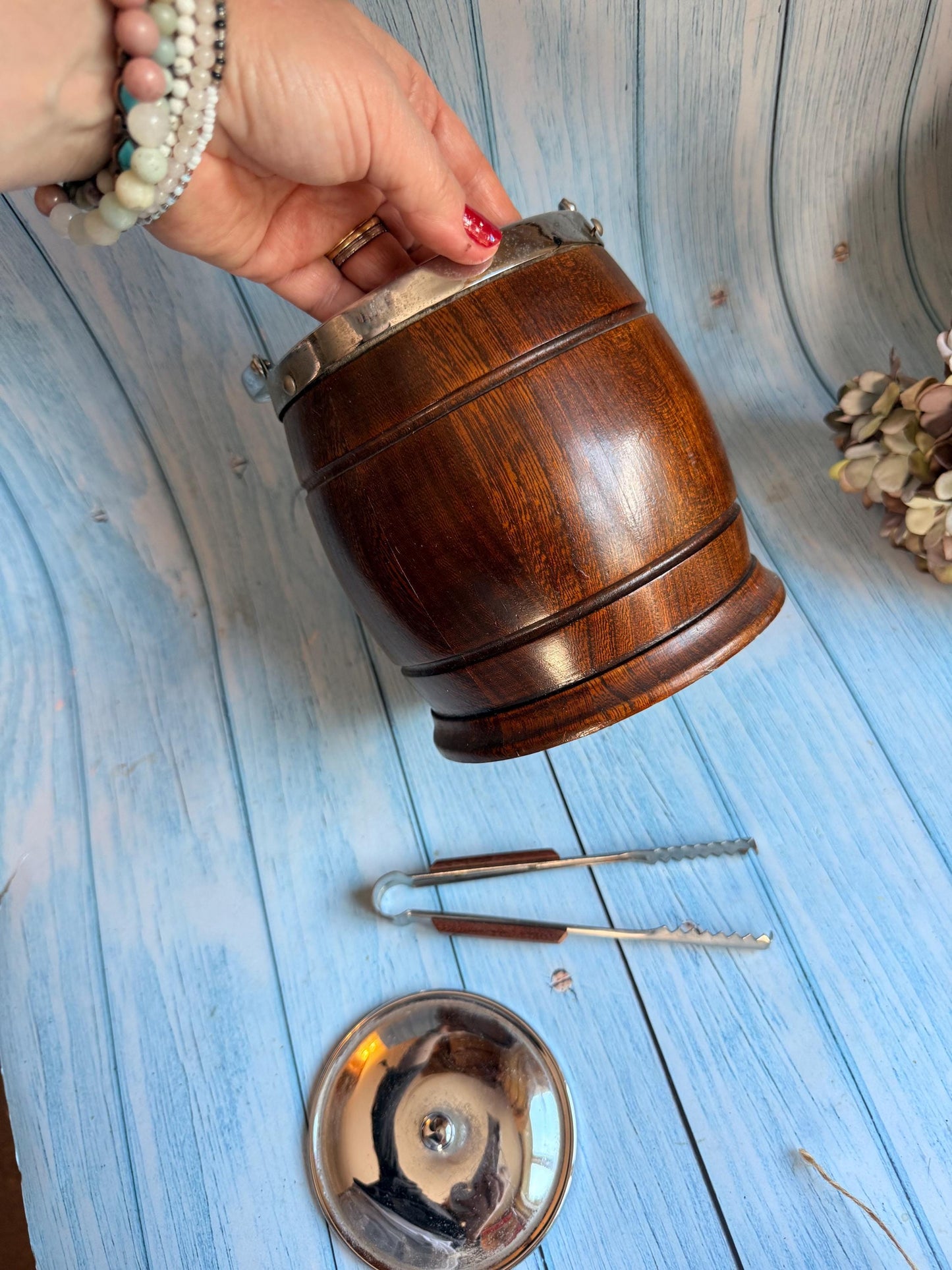 Early/mid Century Oak and Chrome Ice Bucket with Ceramic Insert and Matching Tongs / Biscuit Barrel