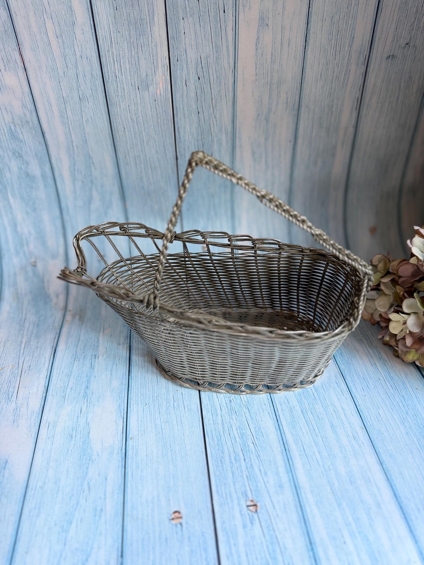 Vintage French Silver Metal Wire Basket Handle Wine or Champagne Bottle Carrier