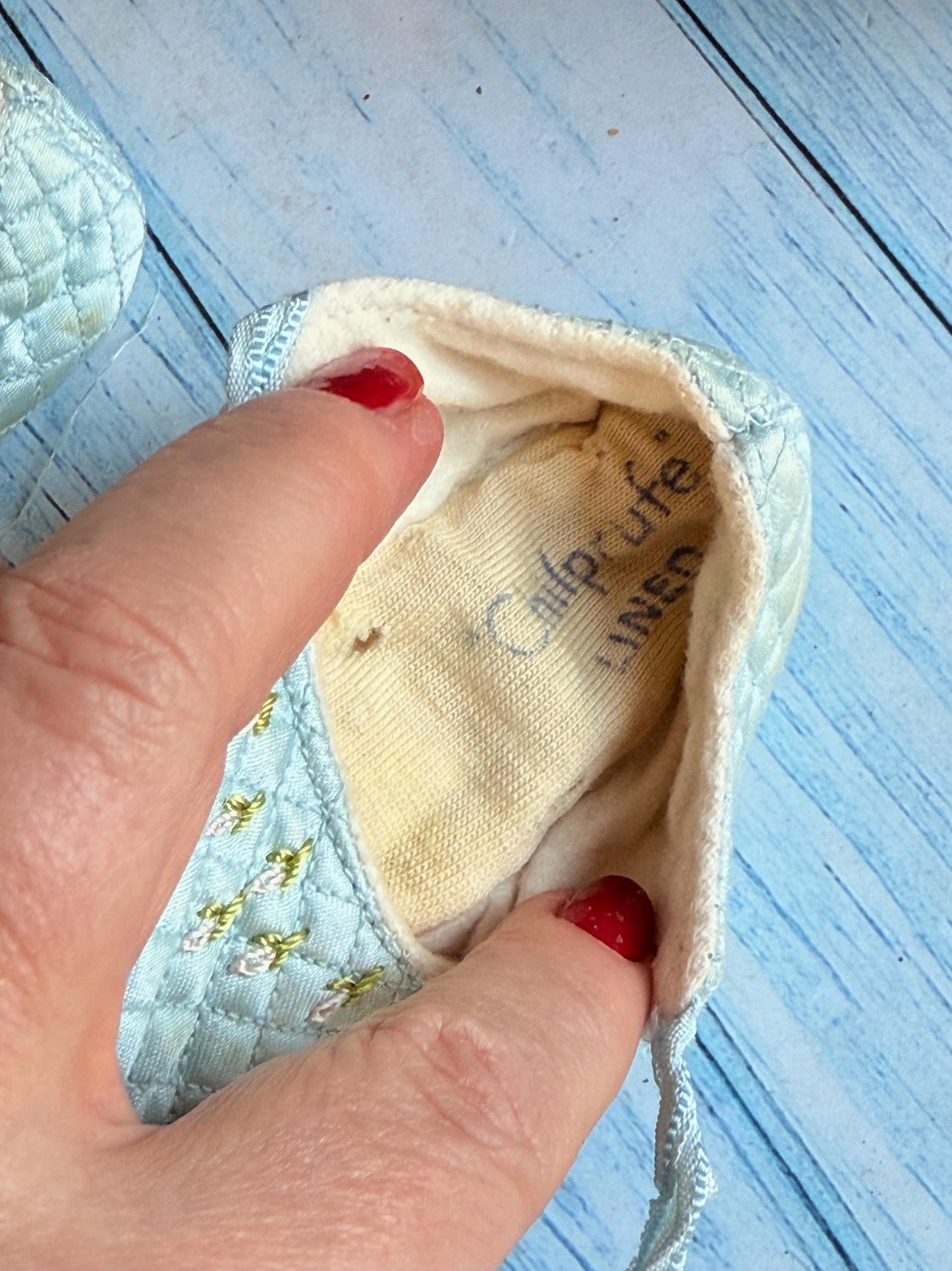 1930s Chilprufe England Lined Pair of Blue Satin Quilted Hand Embroidered Vintage Baby Shoes with Ribbon Ties
