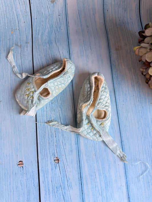 1930s Chilprufe England Lined Pair of Blue Satin Quilted Hand Embroidered Vintage Baby Shoes with Ribbon Ties