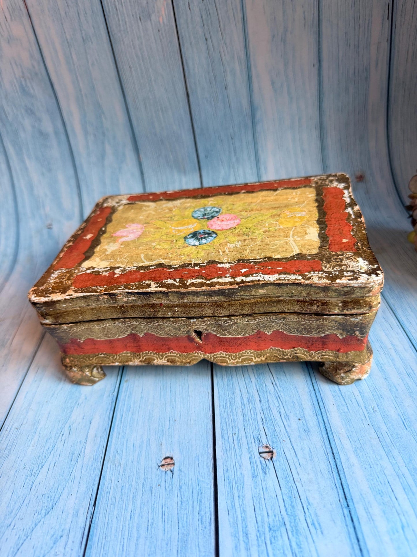 Vintage Italian Florentine Wooden Trinket Box, Handcrafted Gilded Gesso
