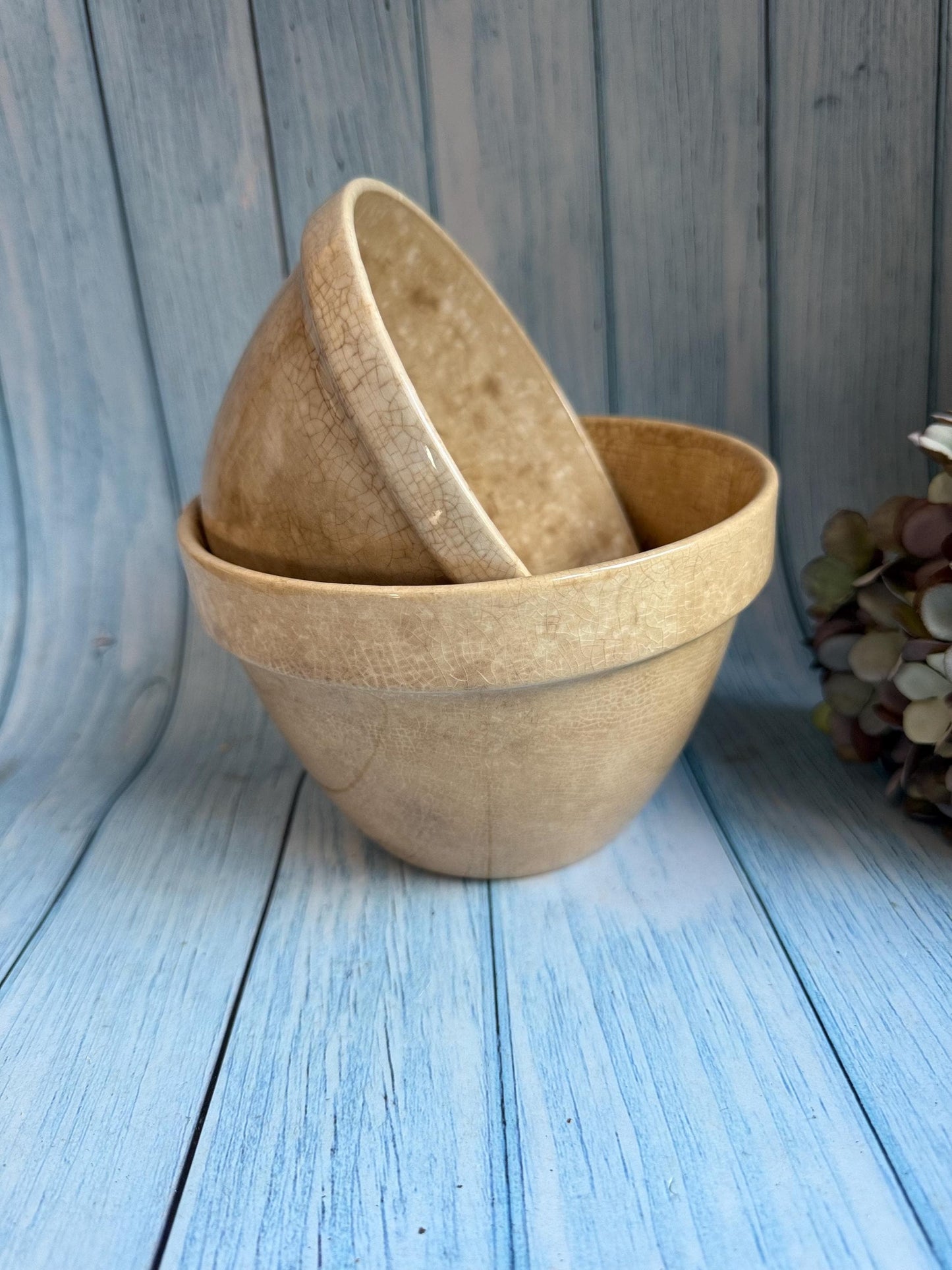 Pair of Vintage English Pudding Basins, One TG Green, Amazing Crazing