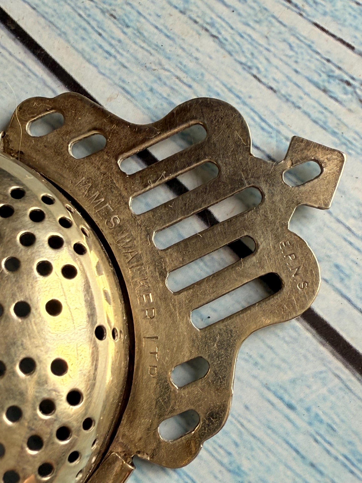 Vintage Silver Plated James Walker London EPNS Tea Strainer with Drip Base – Twin Handles – Pierced Design