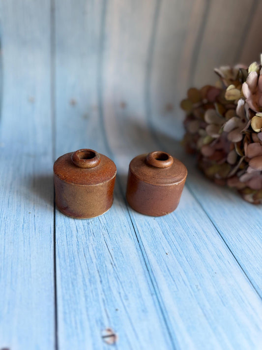 Pair of Antique Stoneware Pork Pie Ink Jars / Pots