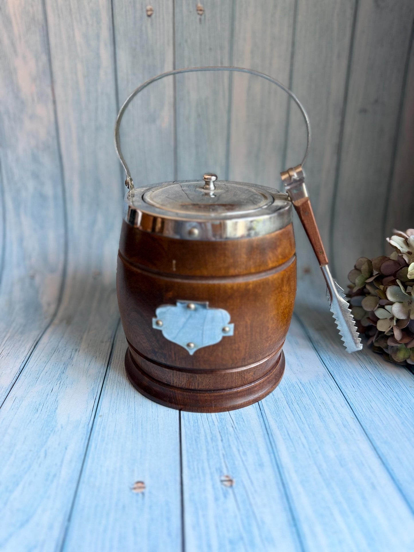 Early/mid Century Oak and Chrome Ice Bucket with Ceramic Insert and Matching Tongs / Biscuit Barrel