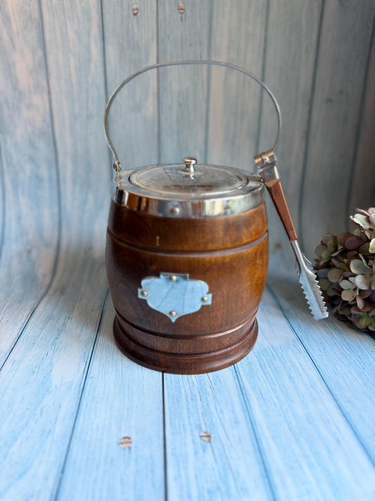 Early/mid Century Oak and Chrome Ice Bucket with Ceramic Insert and Matching Tongs / Biscuit Barrel