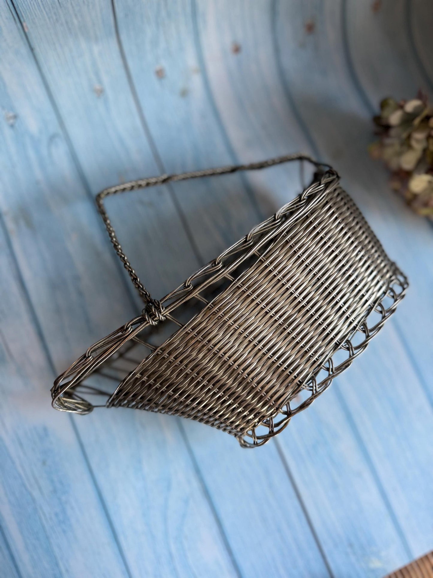 Vintage French Silver Metal Wire Basket Handle Wine or Champagne Bottle Carrier