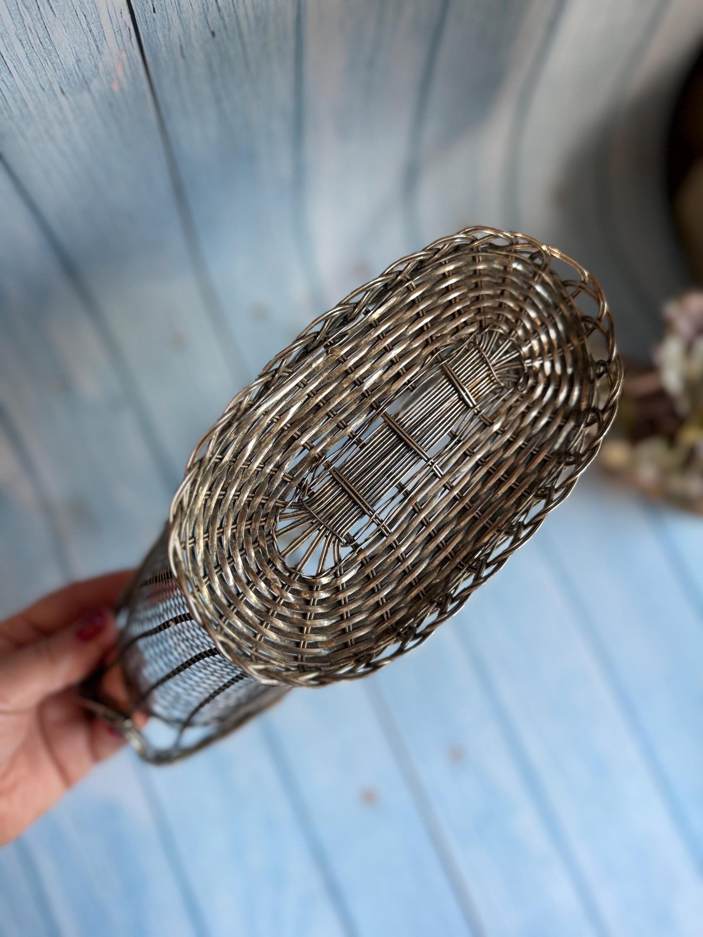 Vintage French Silver Metal Wire Basket Handle Wine or Champagne Bottle Carrier