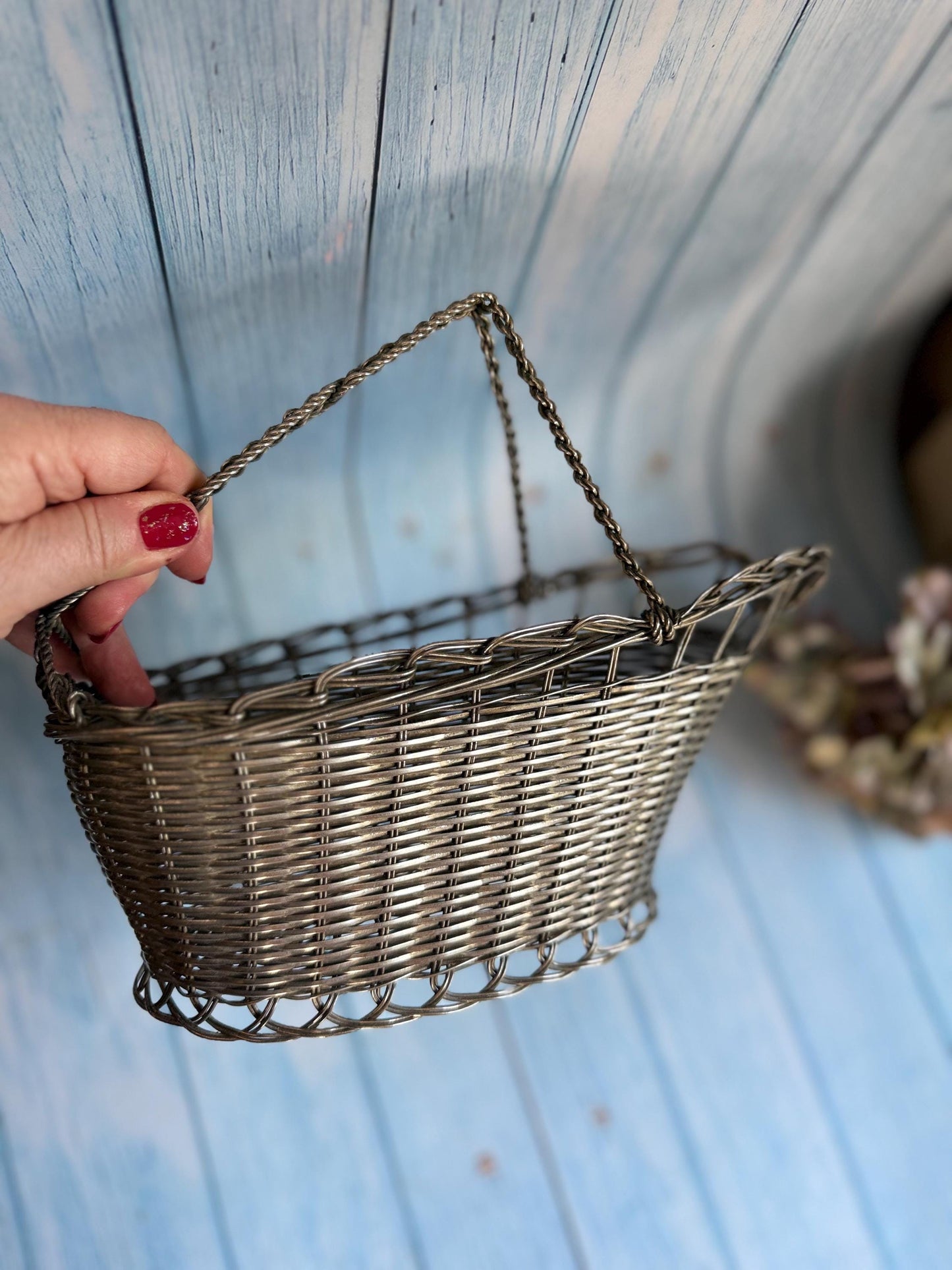 Vintage French Silver Metal Wire Basket Handle Wine or Champagne Bottle Carrier