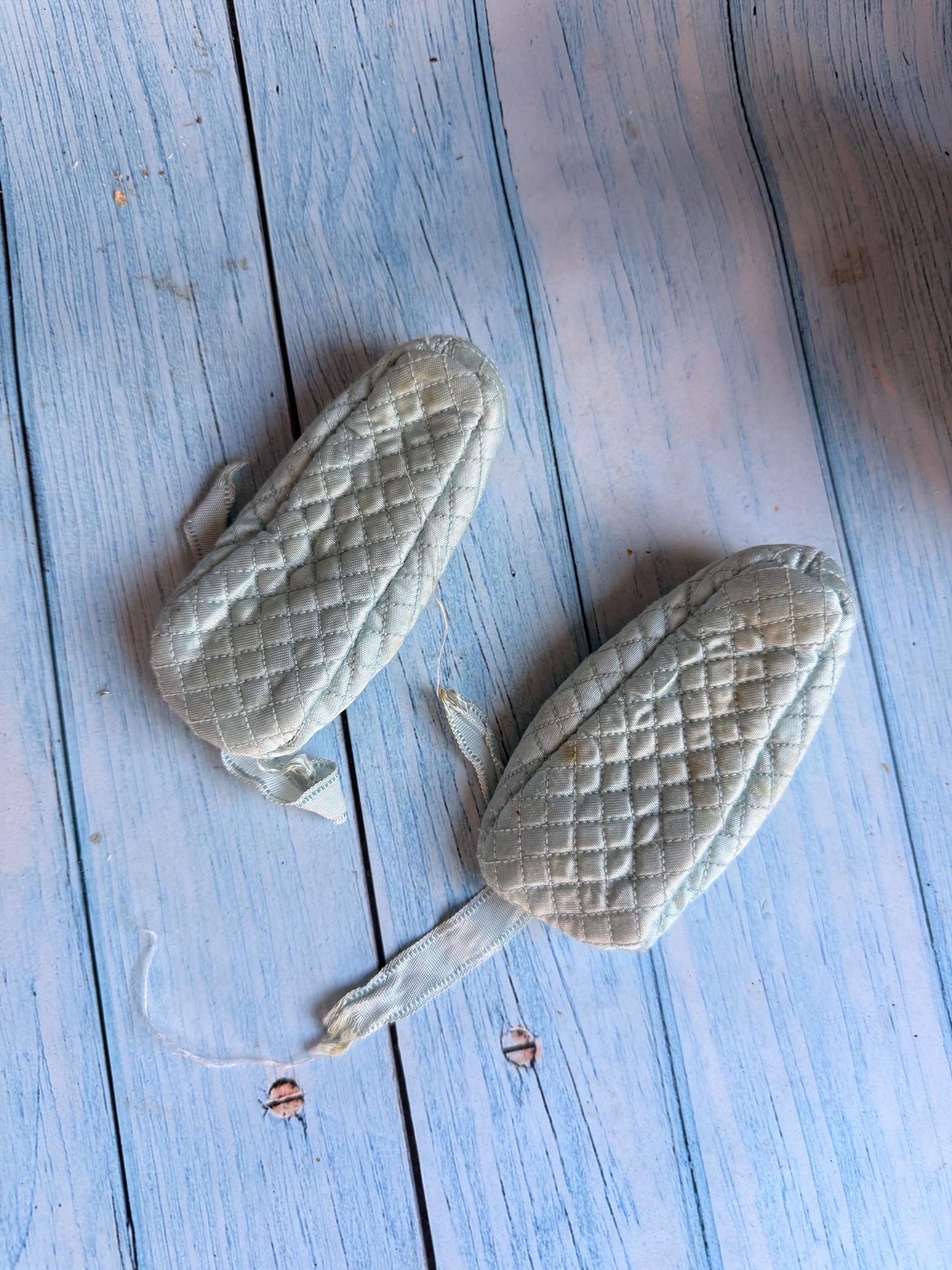 1930s Chilprufe England Lined Pair of Blue Satin Quilted Hand Embroidered Vintage Baby Shoes with Ribbon Ties