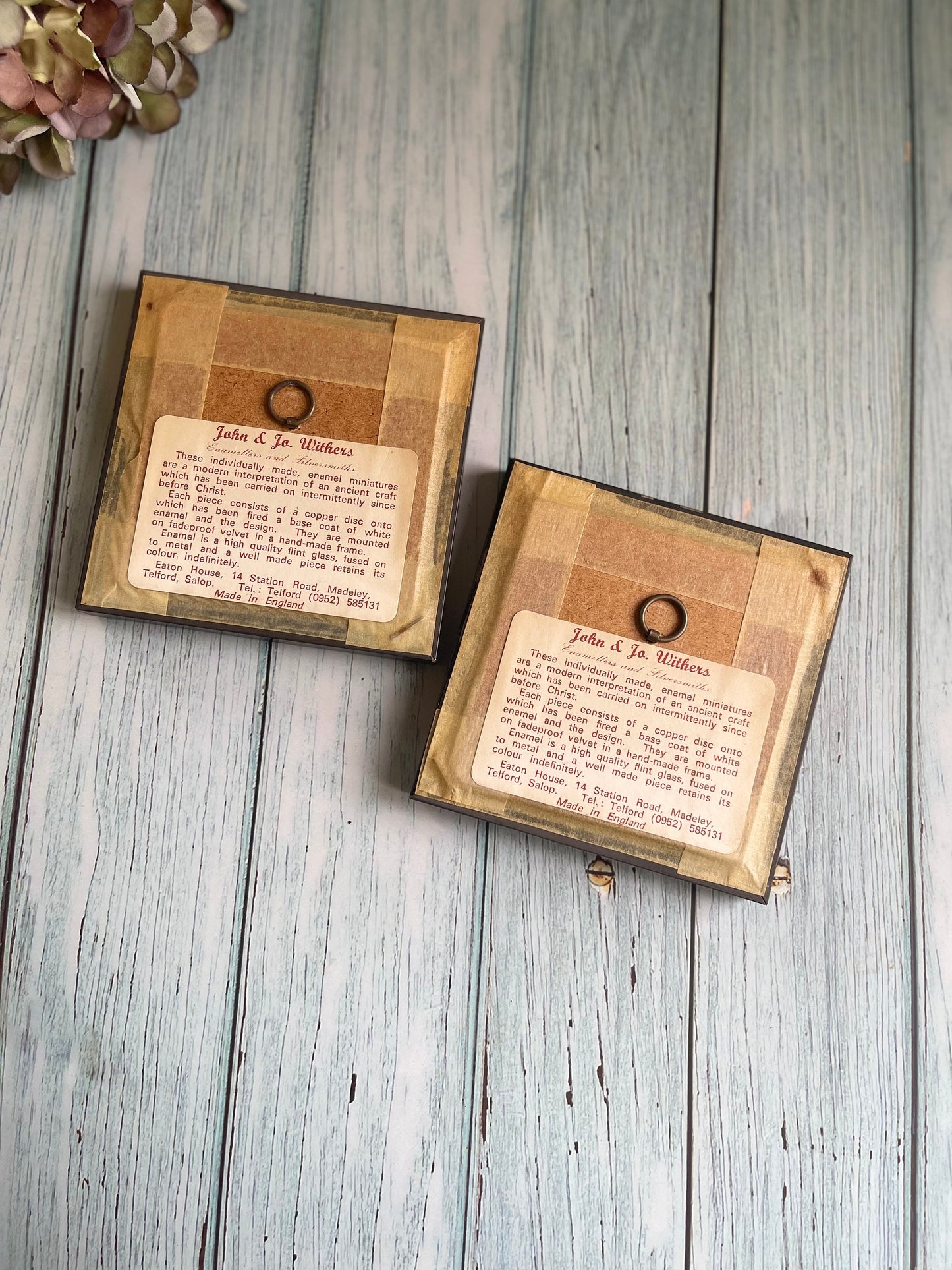 Pair of pretty vintage, enamel on copper plaques displaying exotic birds by Withers