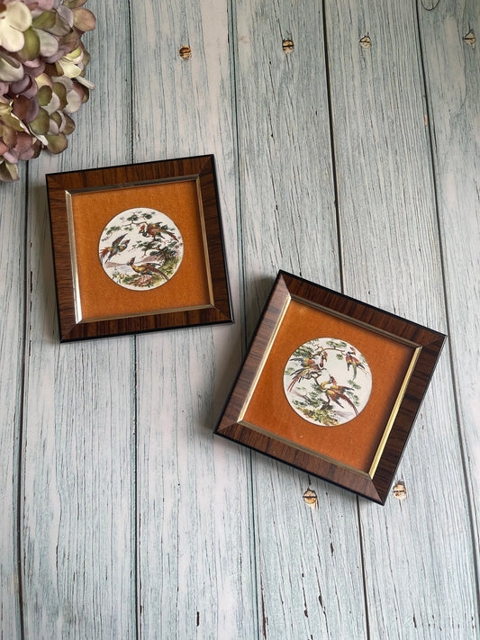 Pair of pretty vintage, enamel on copper plaques displaying exotic birds by Withers