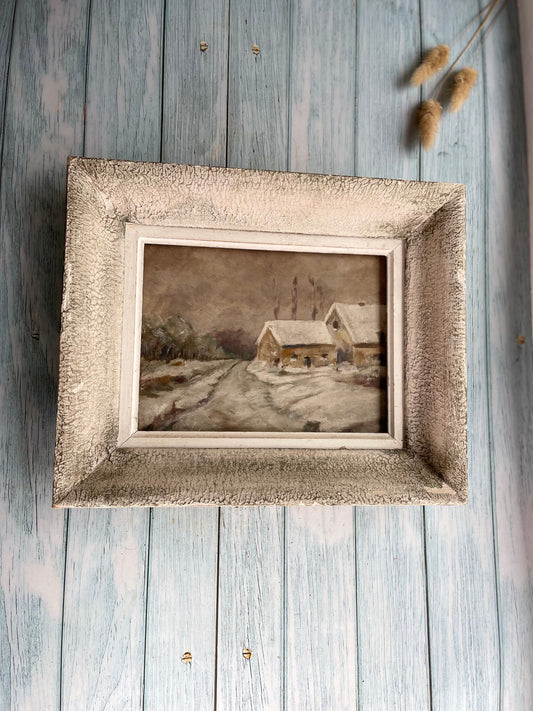 Vintage French Oil Painting of a Farm in the Snow in Painted Wooden Frame