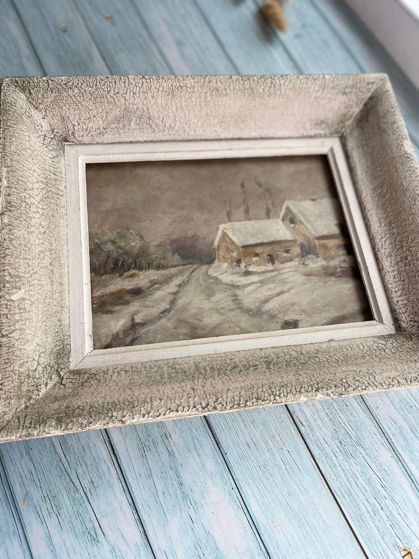 Vintage French Oil Painting of a Farm in the Snow in Painted Wooden Frame